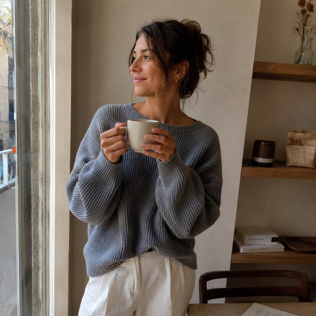 Mujer relajada sujetando una taza junto a la ventana con luz natural