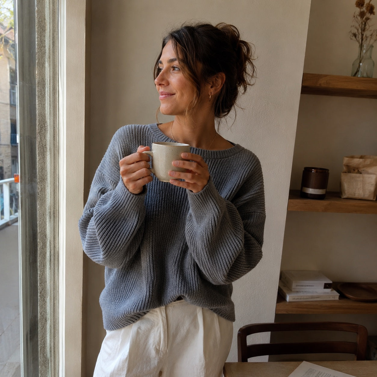 Mujer relajada sujetando una taza junto a la ventana con luz natural