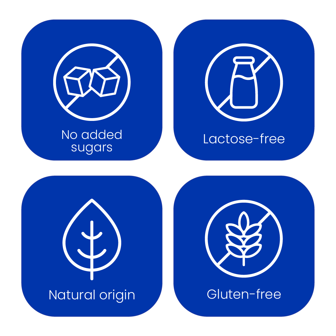 No added sugars, lactose-free, gluten-free, natural origin [en]